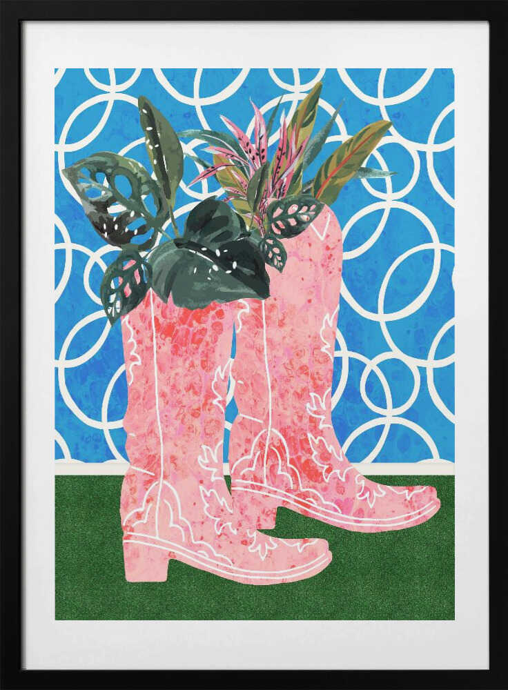 Pink Boots Green Plants, arte de Uma Gokhale con marco