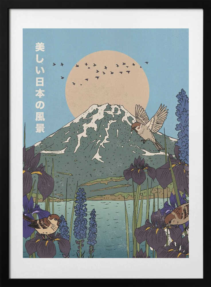 Mount Fuji Sparrows Irises, arte de Nicholas con marco