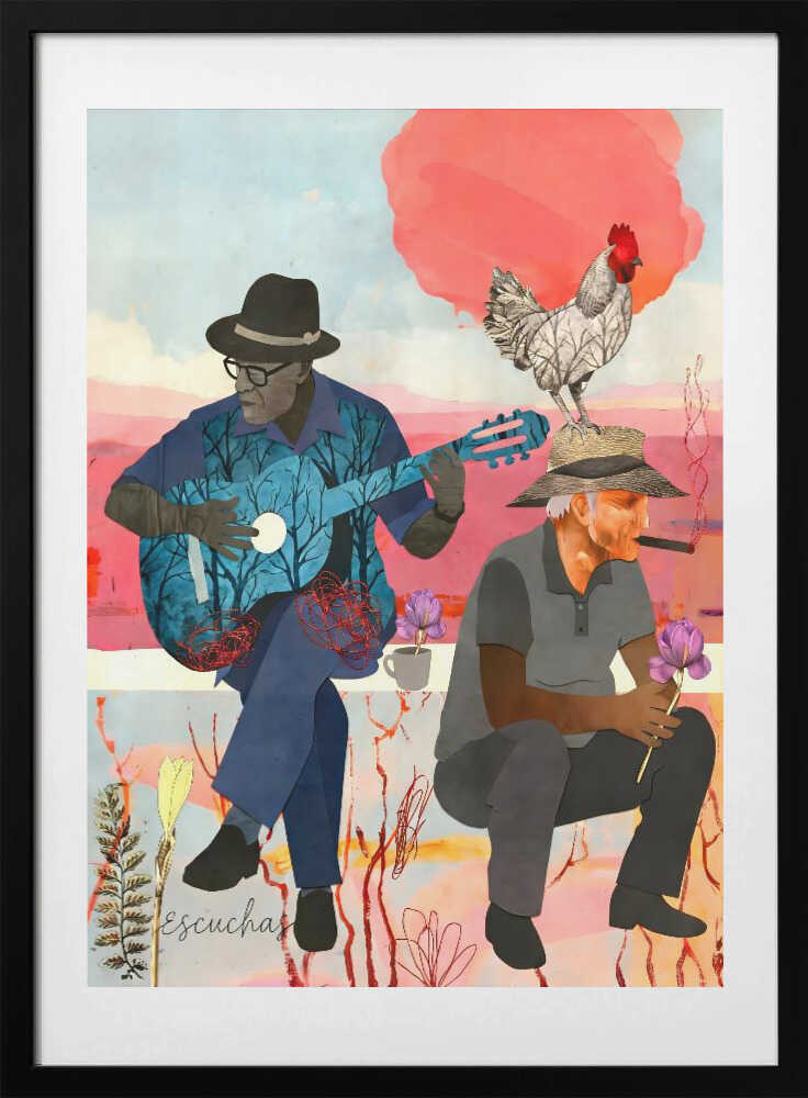 Cuban Men Musical Rooster, arte de Uma Gokhale con marco