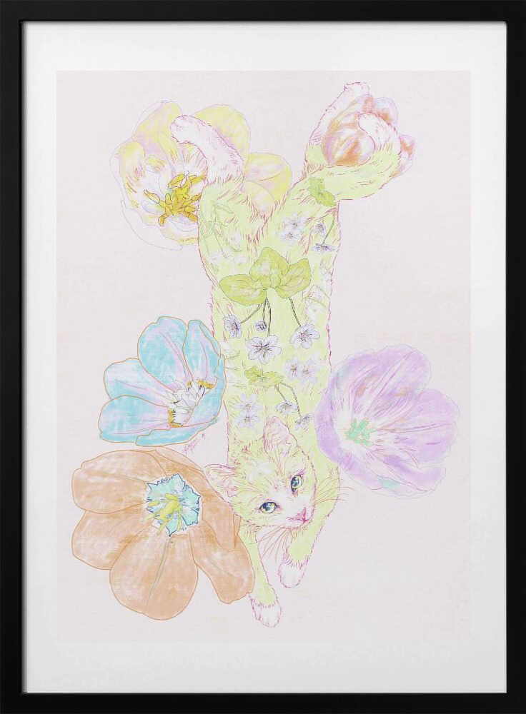 Pastel Cat and Tulips