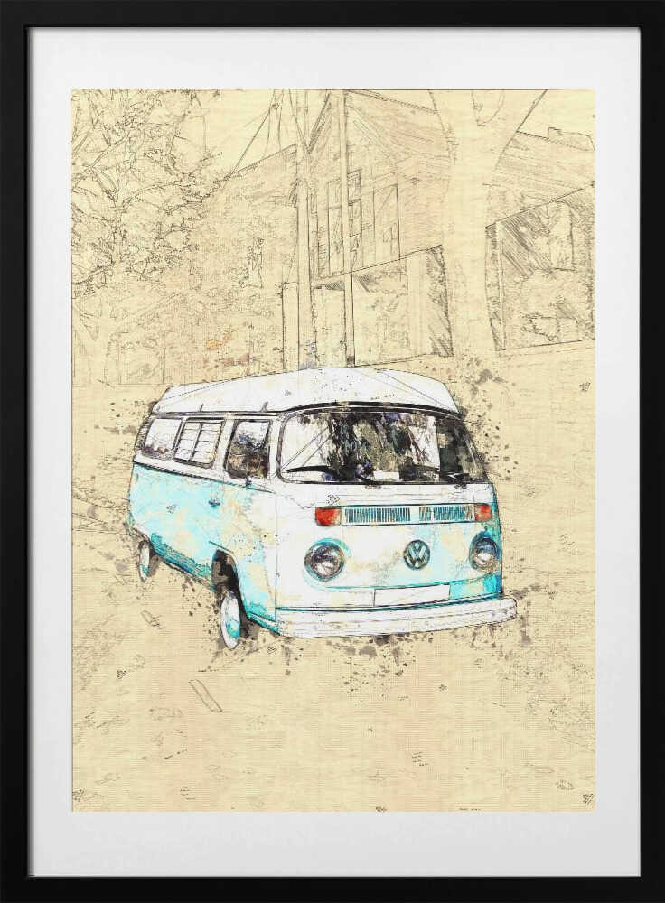 Vintage Camper Van Sketch, arte de Lembayung senja studio [Vintage Poster] con marco