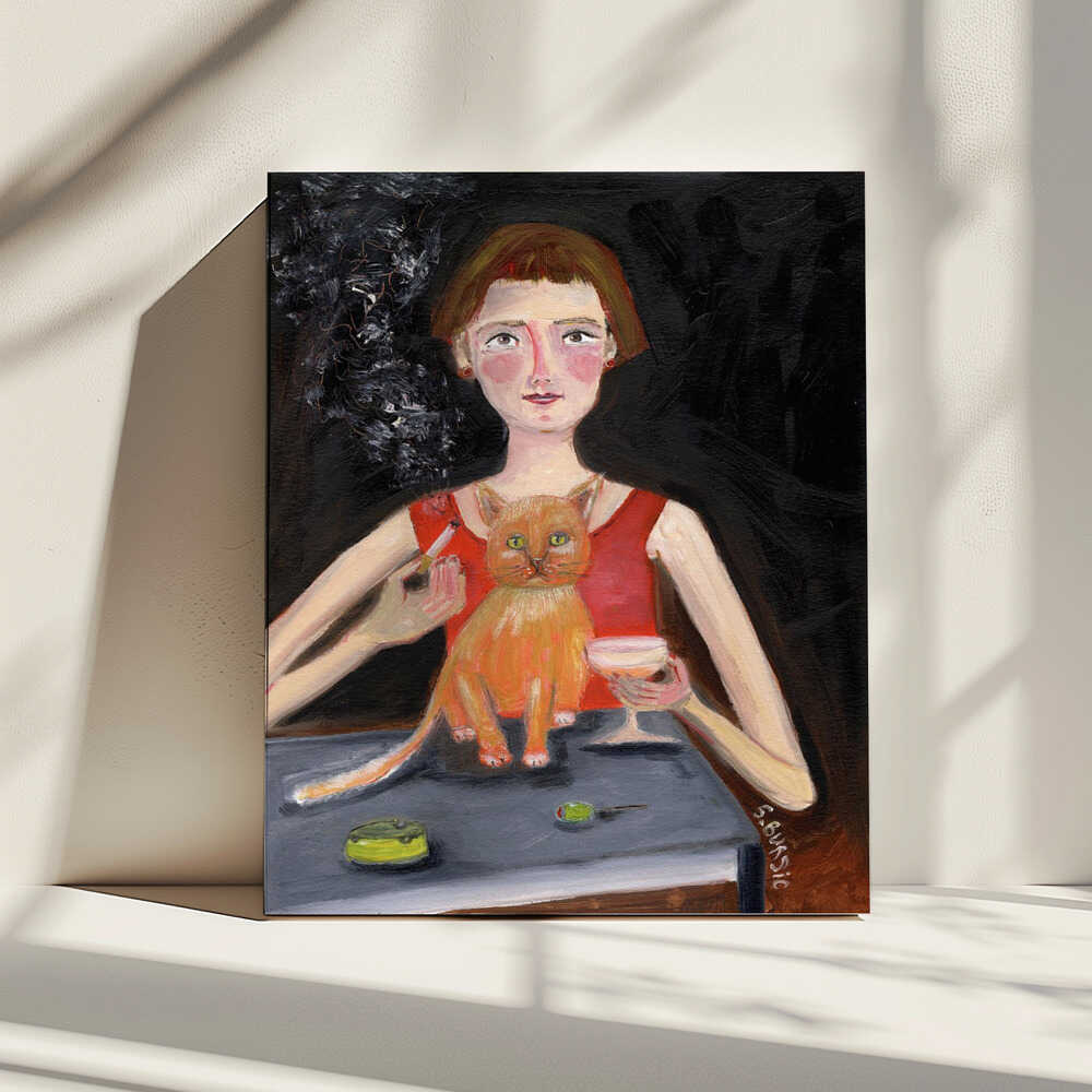 Woman Cat Cocktail Night, arte de Sharyn Bursic impreso en canvas