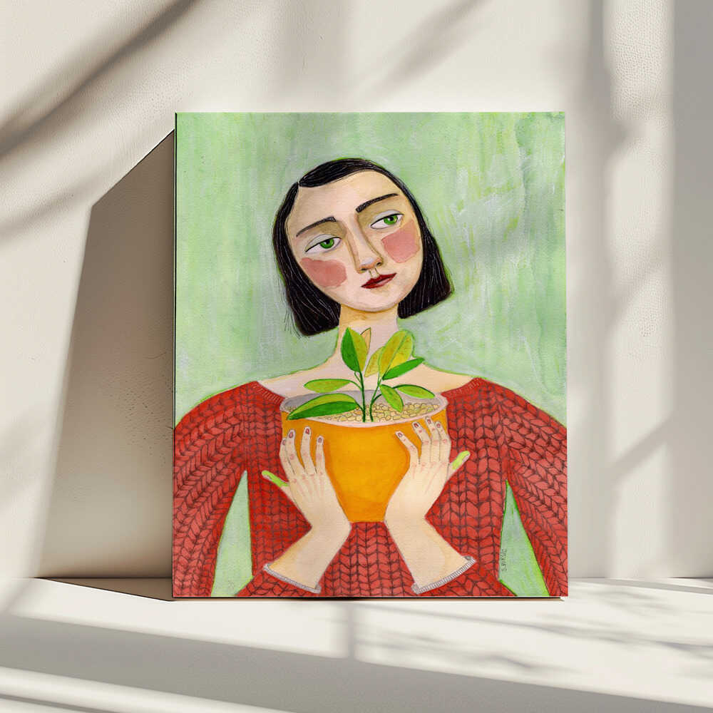 Woman Holding Green Plant, arte de Sharyn Bursic impreso en canvas