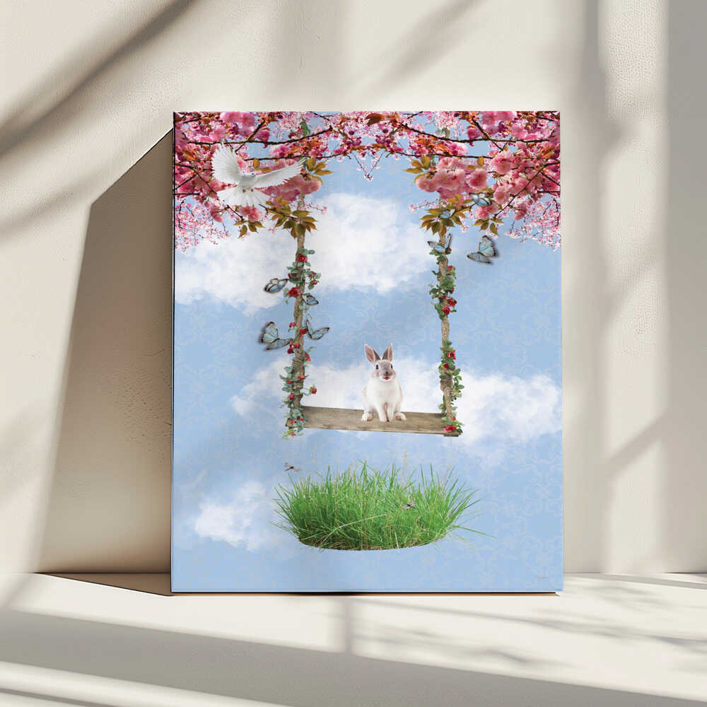Whimsical Rabbit Swing, arte de Sue Skellern impreso en canvas