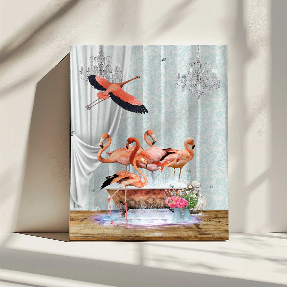 A flurry of Flamingos &amp; Bubbles, arte de Sue Skellern impreso en canvas