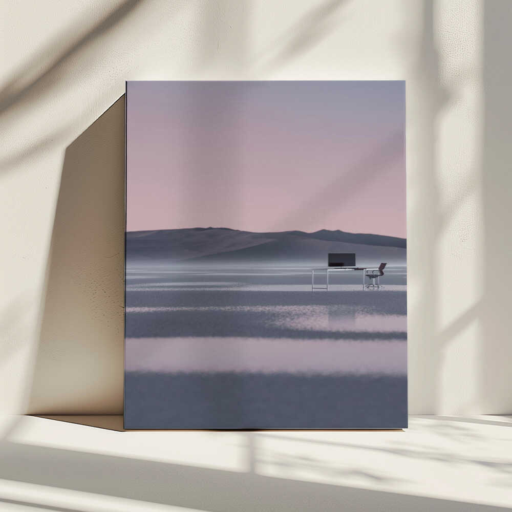 Minimalist Desert Workspace, arte de Javier Pardina impreso en canvas
