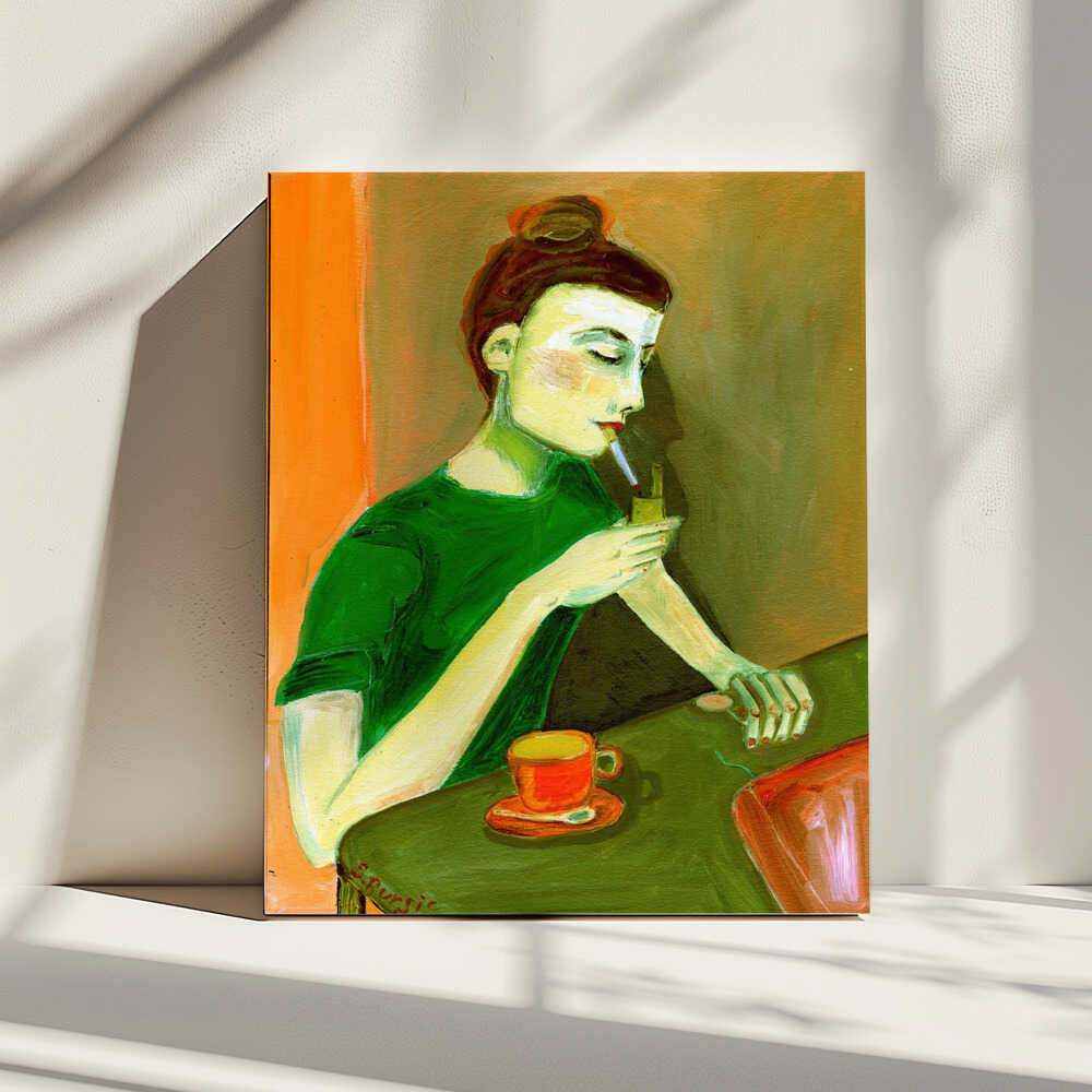 Pensive Woman Coffee Break, arte de Sharyn Bursic impreso en canvas