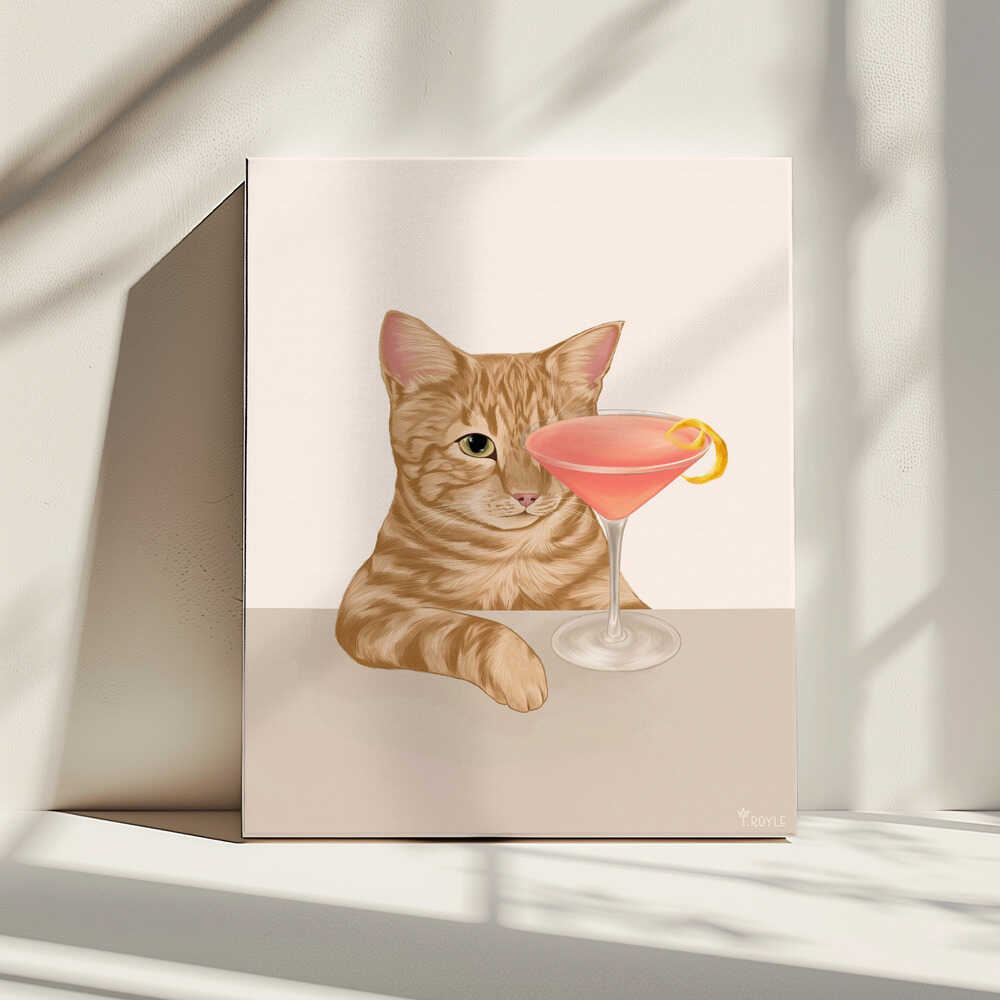 Curious Cat Cocktail, arte de Tara Royle impreso en canvas