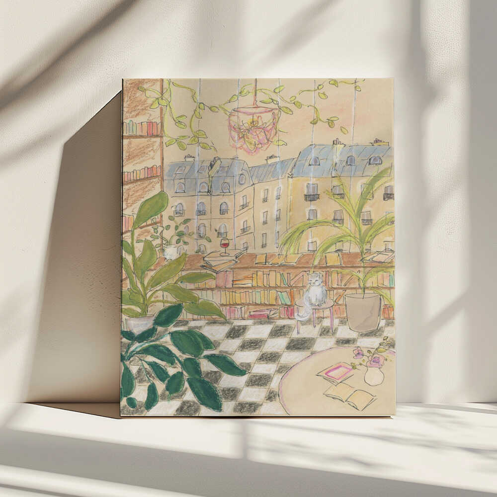 Antique Parisian Book Store Cat, arte de Katharina Puritscher impreso en canvas