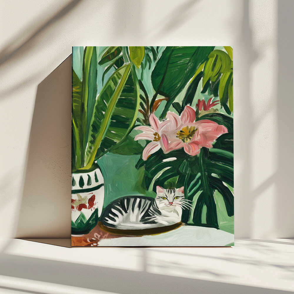 Tropical Cat and Flowers, arte de SHANDU impreso en canvas