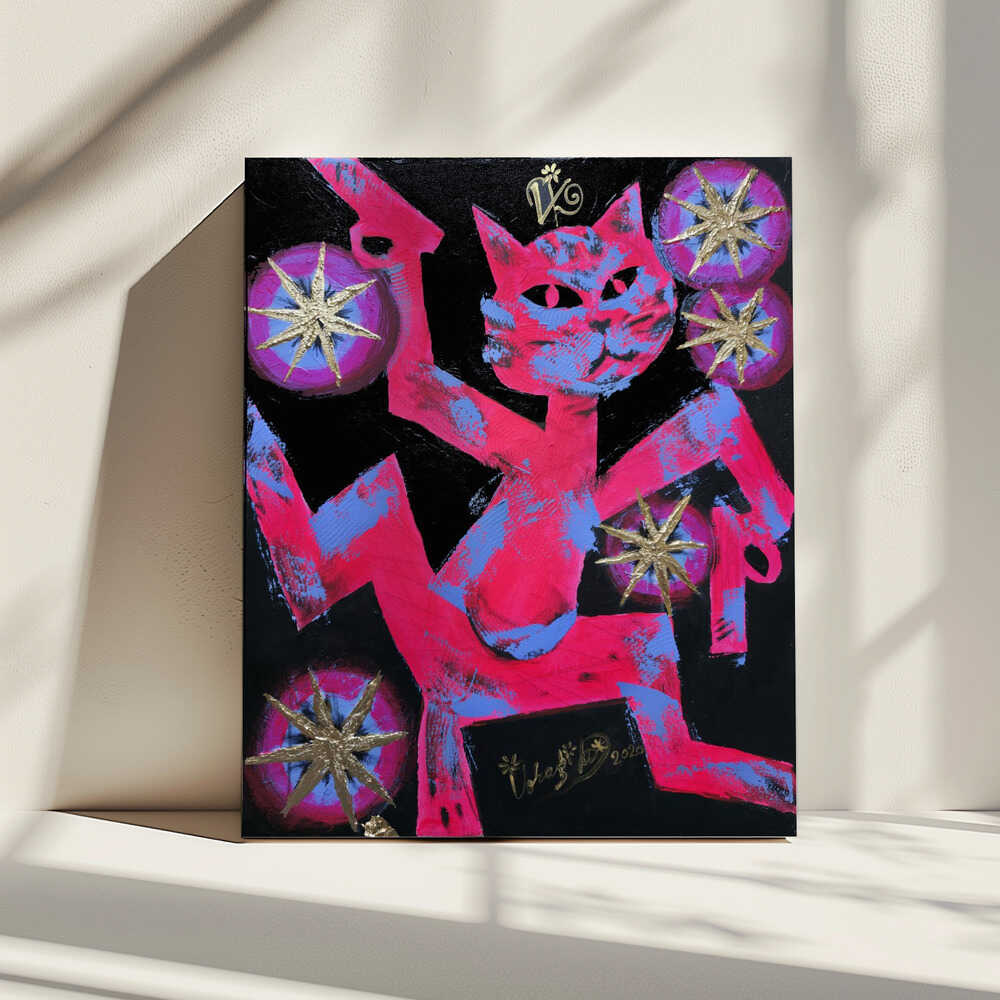 Vibrant Neon Cat, arte de Kanat Ibragimov impreso en canvas