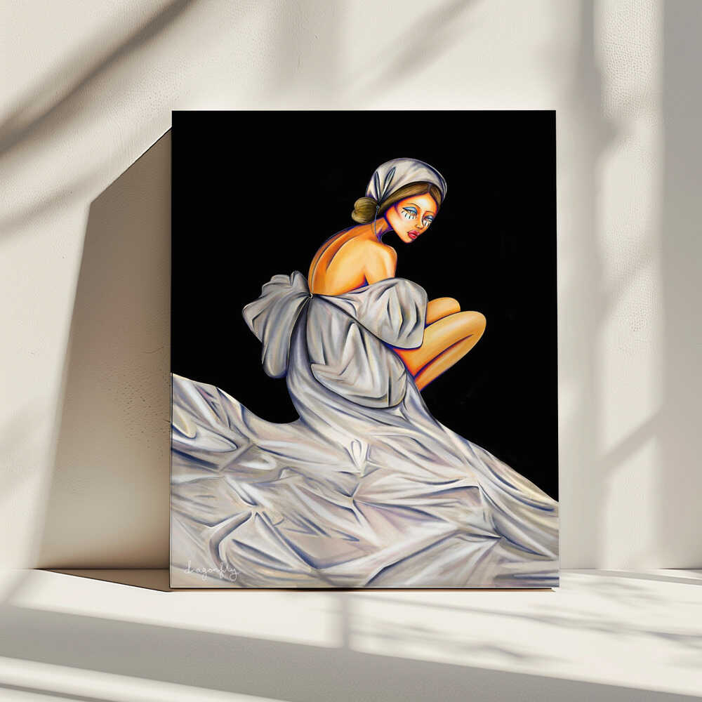 Pensive Woman In White, arte de dragonfly impreso en canvas