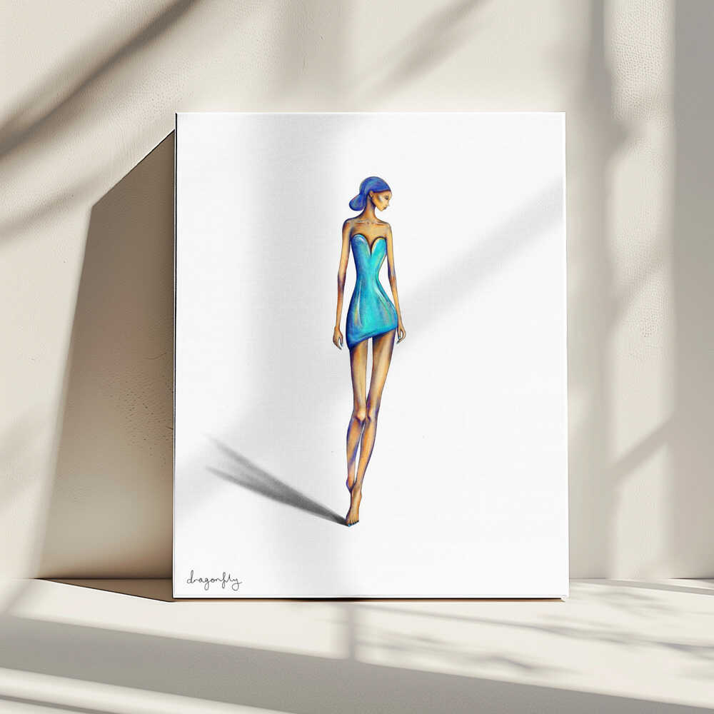 Chic Blue Dress Woman, arte de dragonfly impreso en canvas