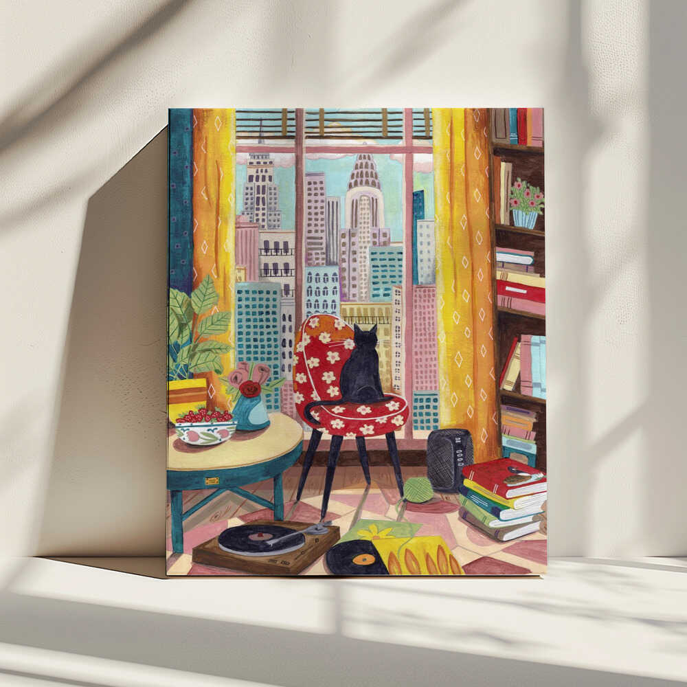 Cat in front of window in New York bright colours, arte de Caroline Bonne Müller impreso en canvas