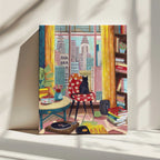 Cat in front of window in New York bright colours, arte de Caroline Bonne Müller impreso en canvas