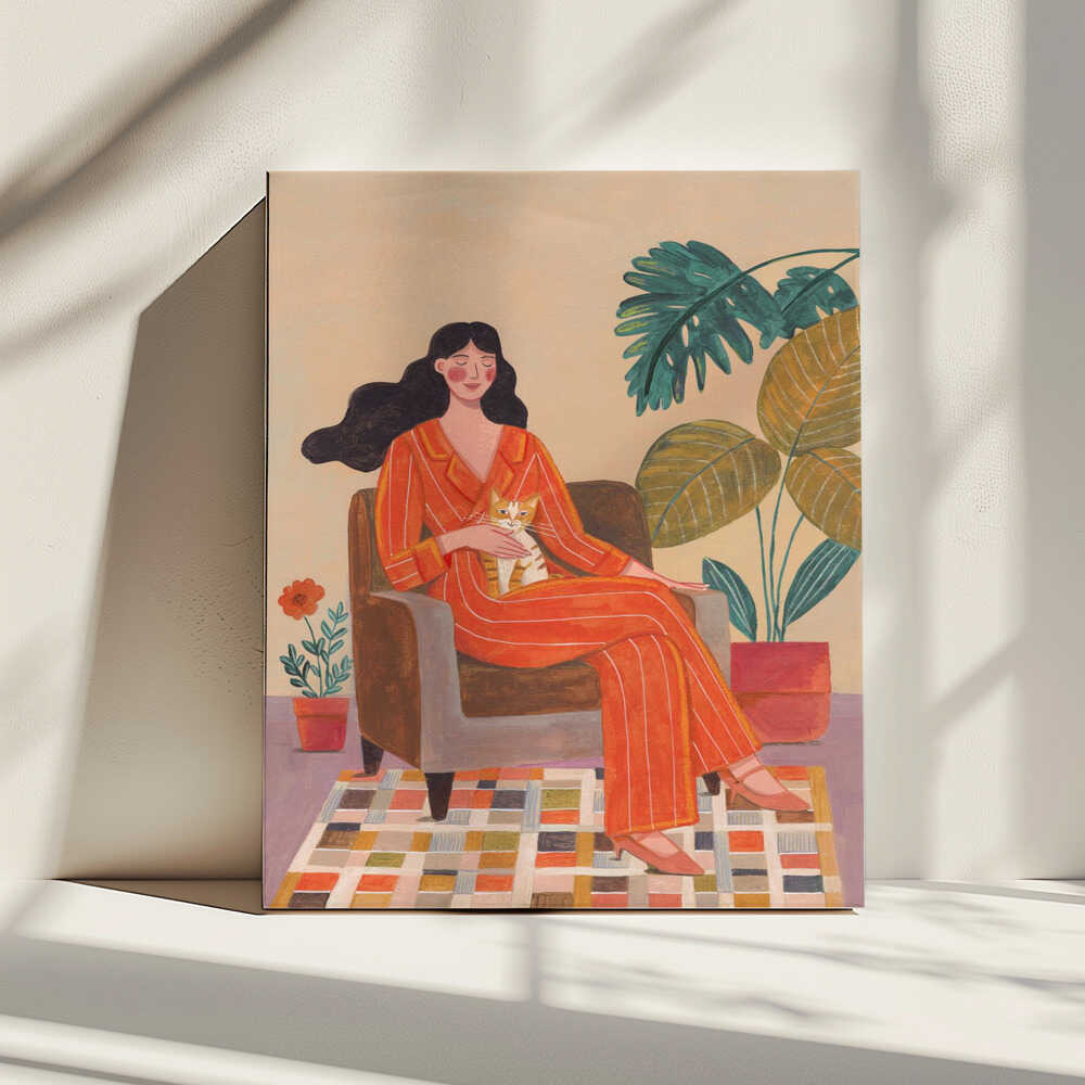 Woman with cat in living room with warm earth tones, arte de Caroline Bonne Müller impreso en canvas