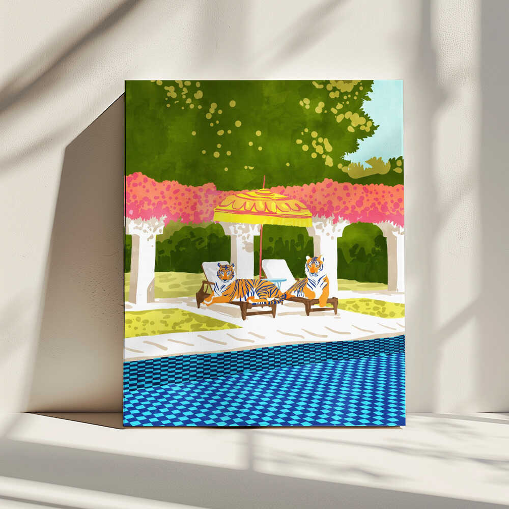Luxurious Poolside Tigers, arte de Uma Gokhale impreso en canvas