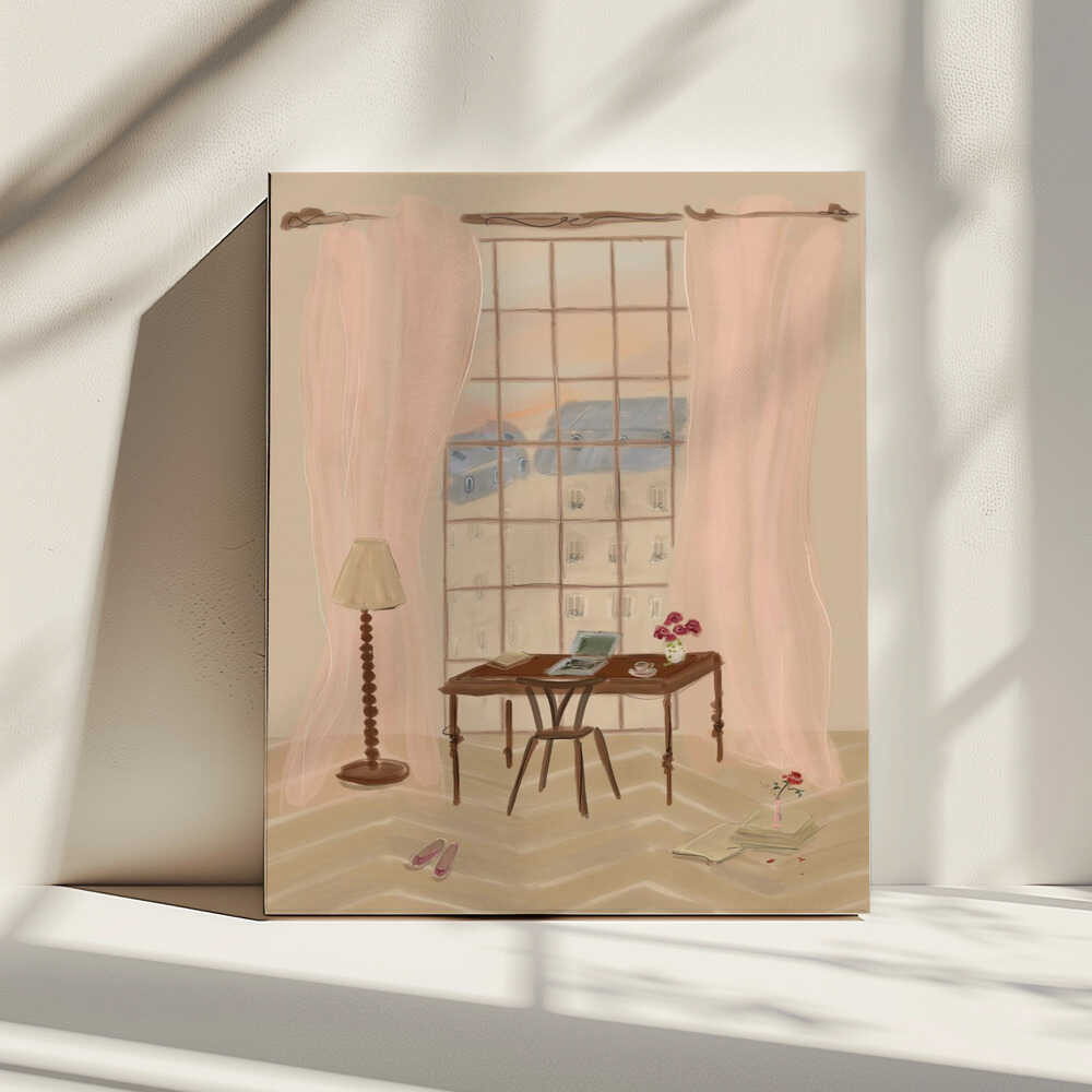 Paris Window View Illustration with Rustic Desk, arte de Katharina Puritscher impreso en canvas