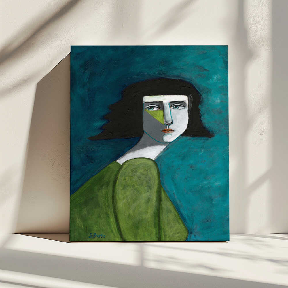 Pensive Green Portrait, arte de Sharyn Bursic impreso en canvas