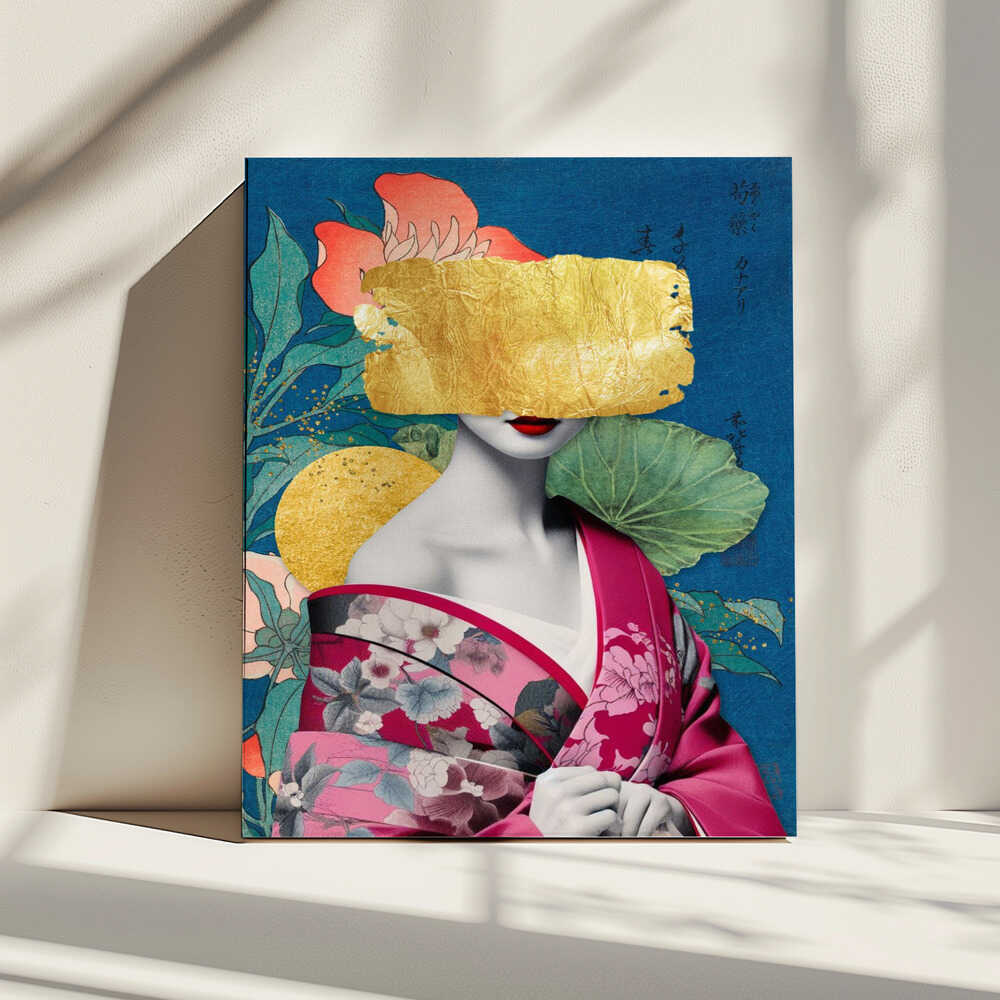 Japanese Gold Kimono Mask, arte de Marja van den Hurk impreso en canvas