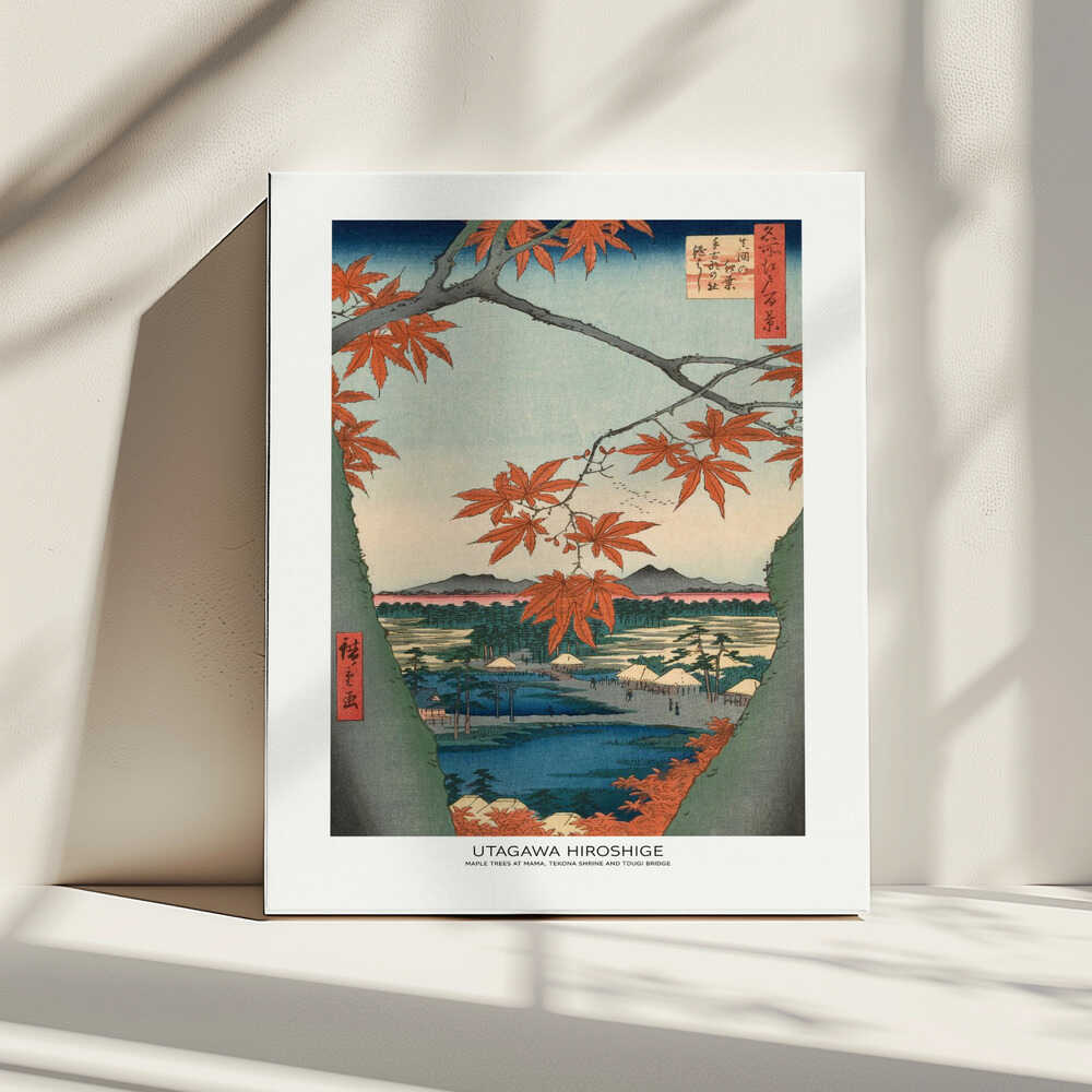 Maple Trees At Mama, Tekona Shrine and Tdugi Bridge, arte de Utagawa Hiroshige impreso en canvas