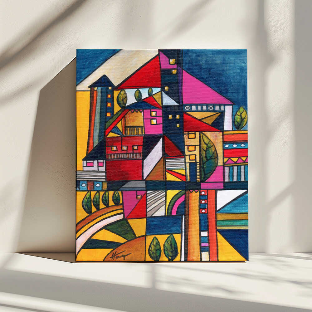 Vibrant Geometric Town, arte de Aniko Hencz impreso en canvas