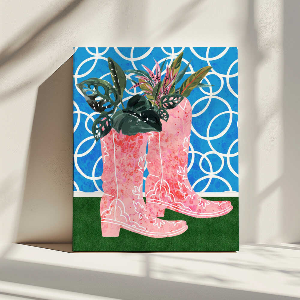 Pink Boots Green Plants, arte de Uma Gokhale impreso en canvas