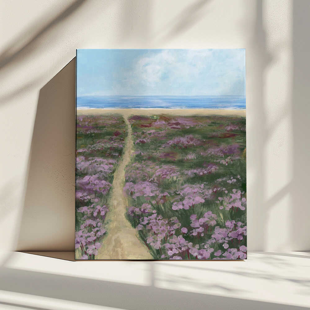 Purple Flowers Beach Path, arte de Rosana Laiz Blursbyai impreso en canvas