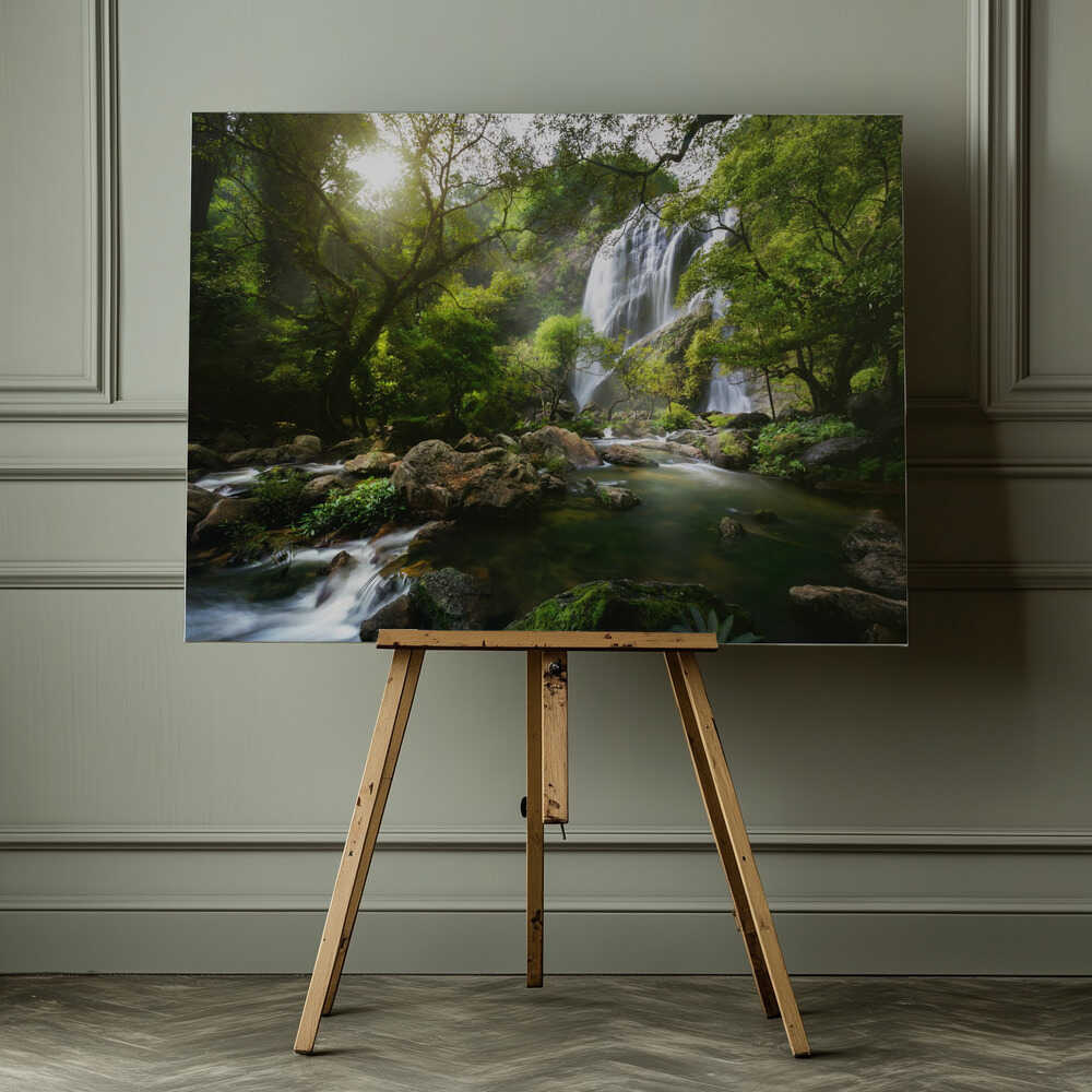 Sunlit Jungle Waterfall
