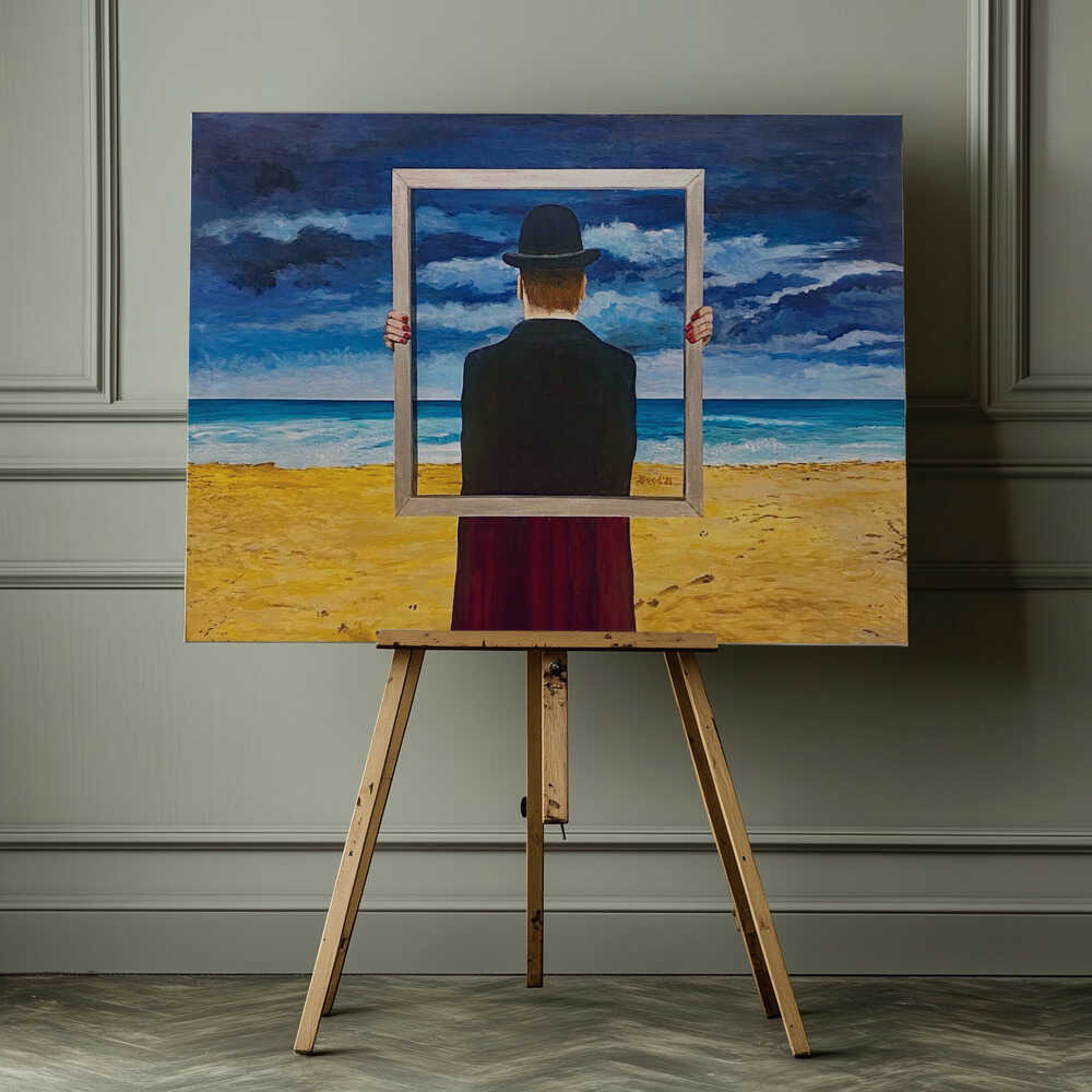 Man Holding Framed Beach, arte de Tom Blood impreso en canvas
