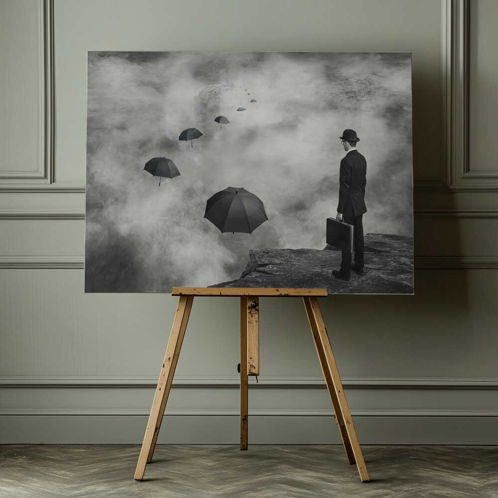 Man and Floating Umbrellas, arte de Alain Villeneuve impreso en canvas