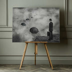Man and Floating Umbrellas, arte de Alain Villeneuve impreso en canvas