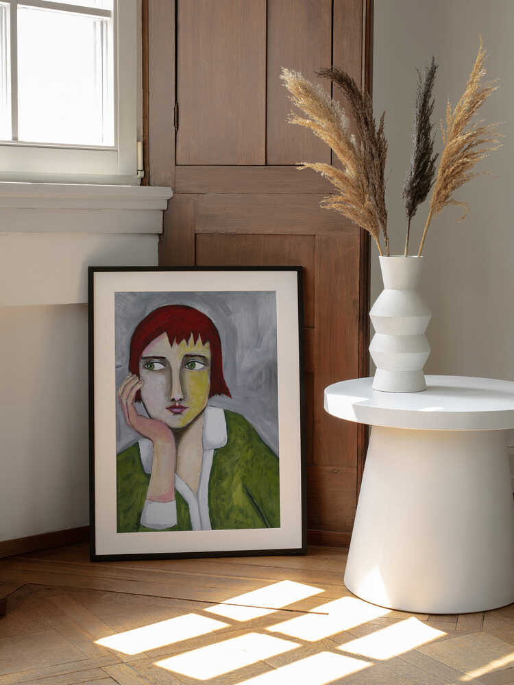 Pensive Red Haired Woman, arte de Sharyn Bursic enmarcado en una pared