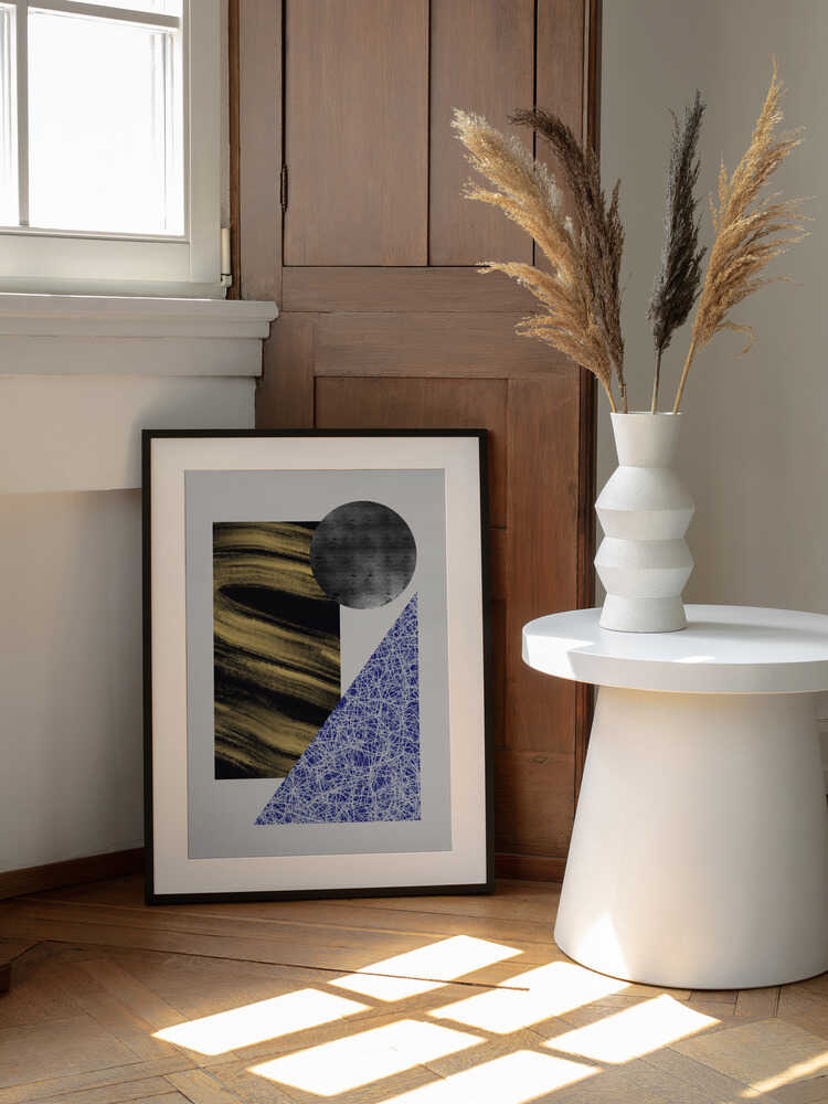 Modern Gold Blue Shapes, arte de Little Dean enmarcado en una pared