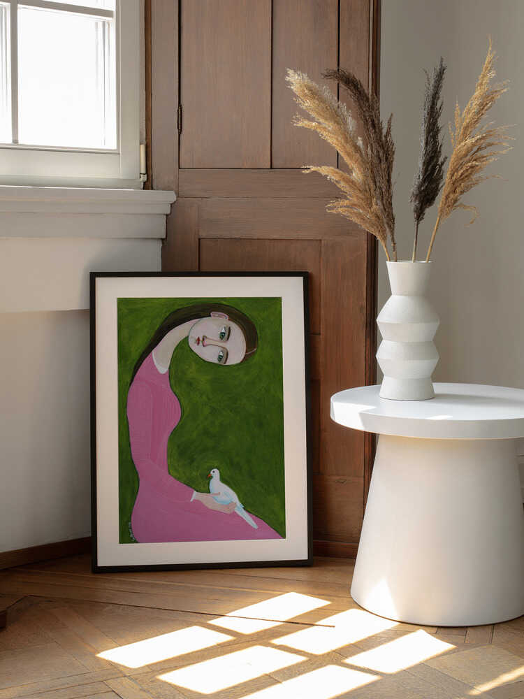 Calm Woman Holding Dove, arte de Sharyn Bursic enmarcado en una pared