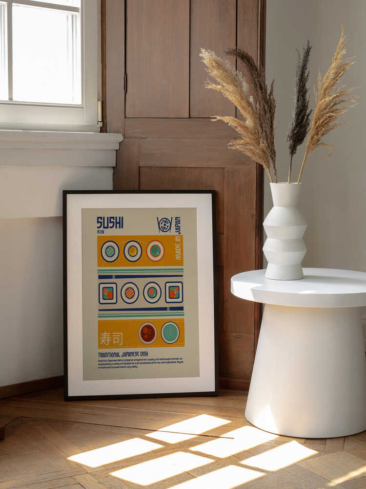 Sushi Japanese Food Print, arte de Retrodrome enmarcado en una pared