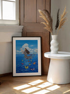 Ocean Butterfly Transformation, arte de Tom Blood enmarcado en una pared