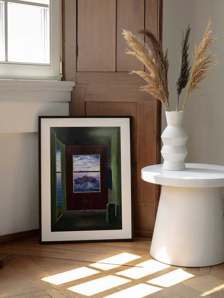 Surreal Room Lake View, arte de Tom Blood enmarcado en una pared