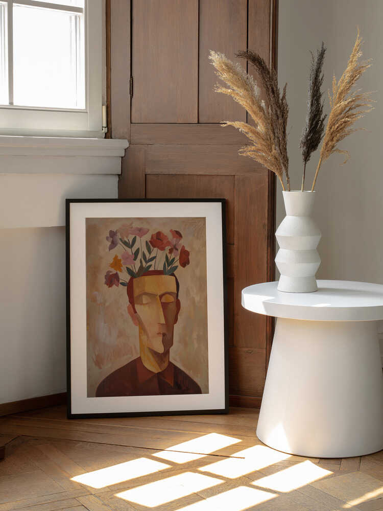 Man's Blooming Mind, arte de SHANDU enmarcado en una pared