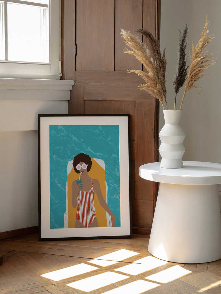 Woman Poolside Relaxation, arte de Uma Gokhale enmarcado en una pared