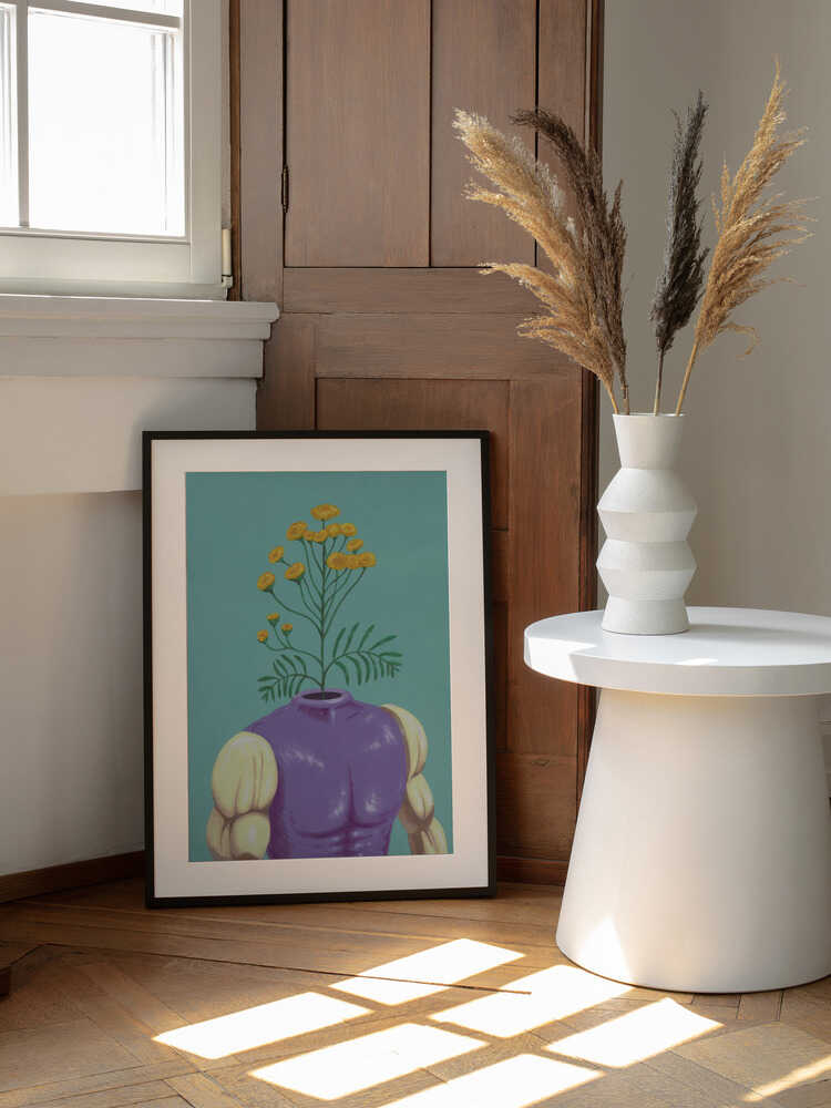 Purple Body Bloom, arte de Famous When Dead enmarcado en una pared