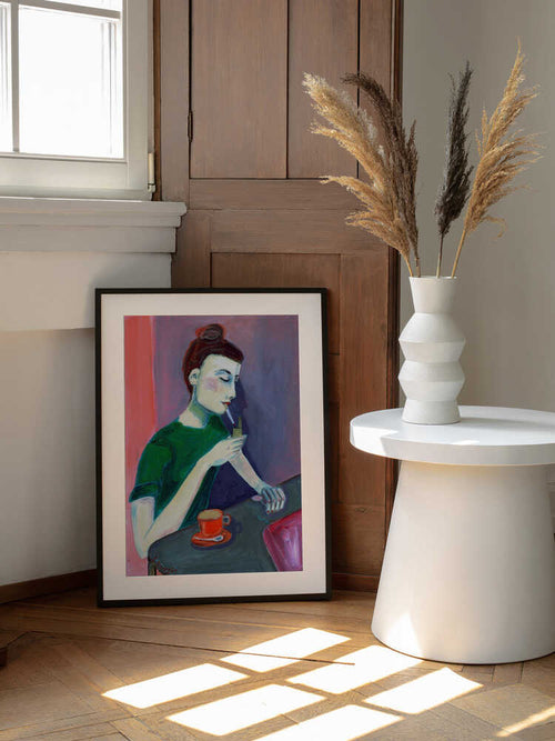 Cafe Contemplation, arte de Sharyn Bursic enmarcado en una pared