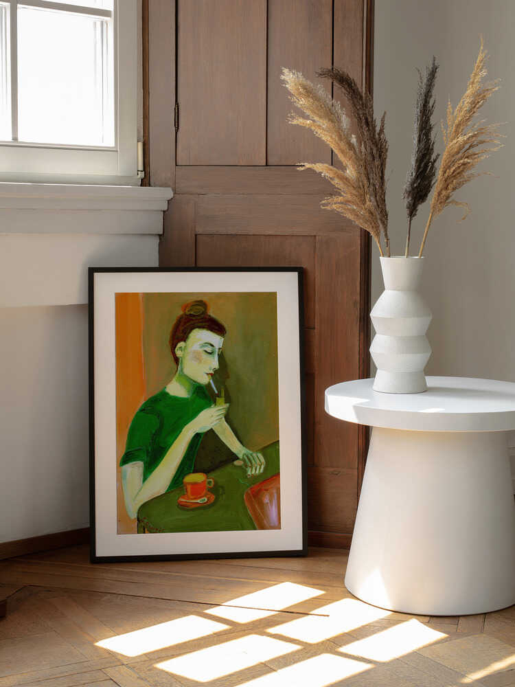 Pensive Woman Coffee Break, arte de Sharyn Bursic enmarcado en una pared