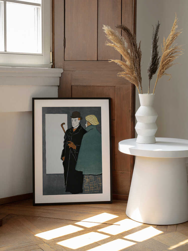 Man With Walking Stick and Woman (1896), arte de Edward Penfield enmarcado en una pared