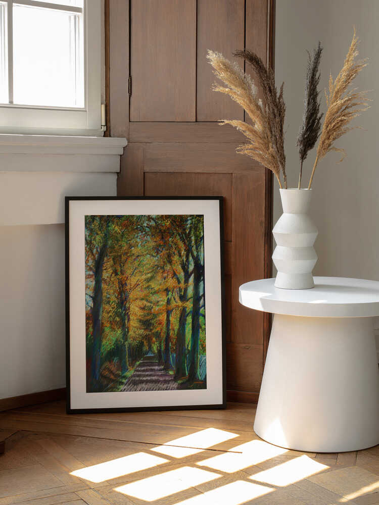 Golden Autumn Avenue, arte de Corné Akkers enmarcado en una pared