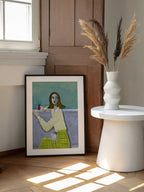 Pensive Girl and Rabbit, arte de Sharyn Bursic enmarcado en una pared