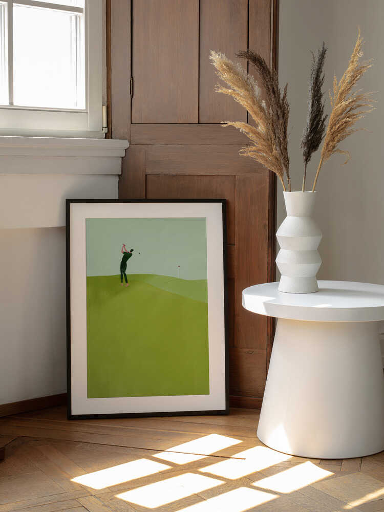 Golfer's Green Swing, arte de Annelien Smet enmarcado en una pared