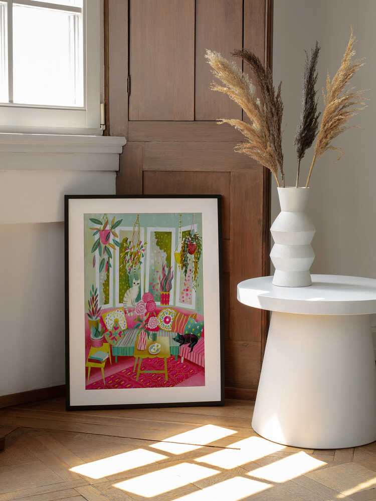 Vibrant Cats And Plants, arte de uta krogmann enmarcado en una pared