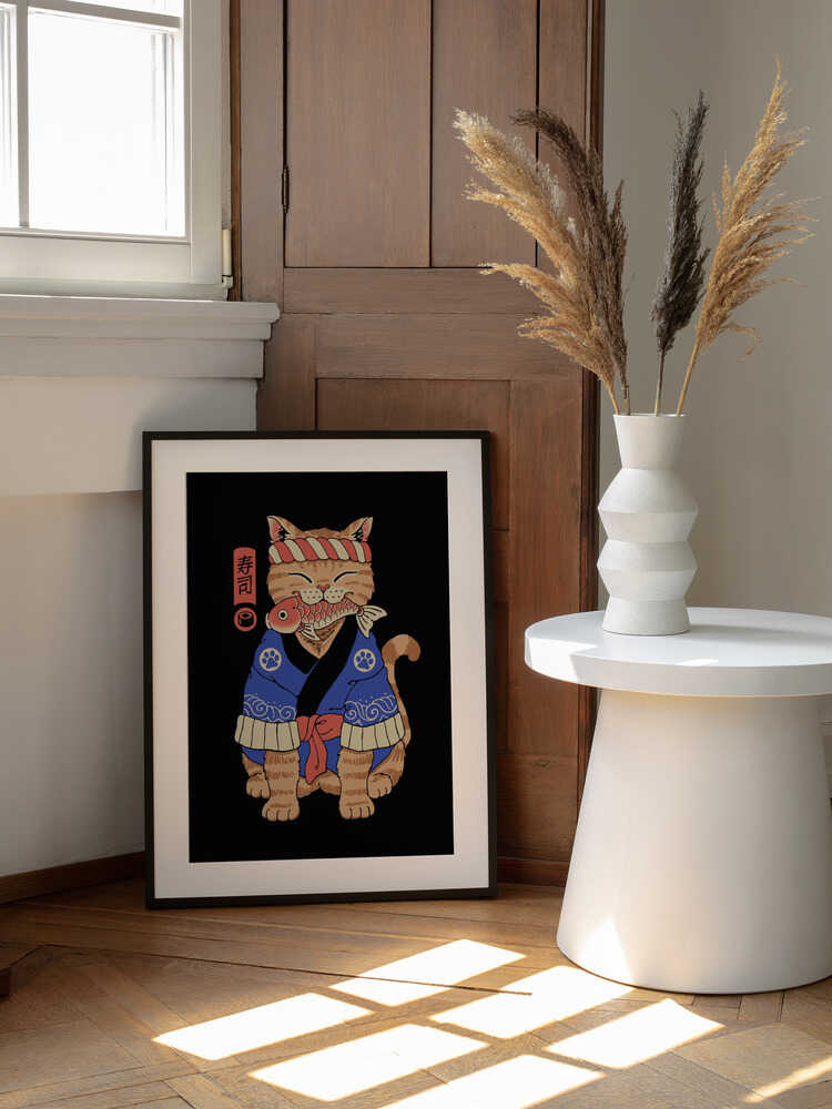 Sushi Meowster, arte de Vincent Trinidad enmarcado en una pared