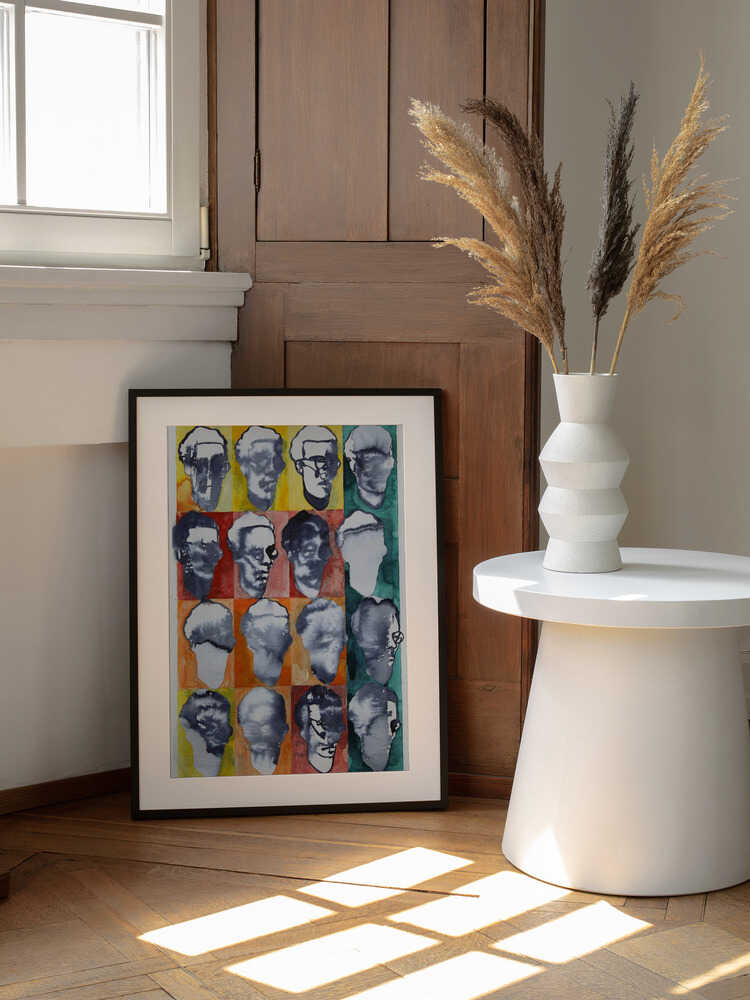 Abstract Faces Grid, arte de Joshua Hoskins enmarcado en una pared